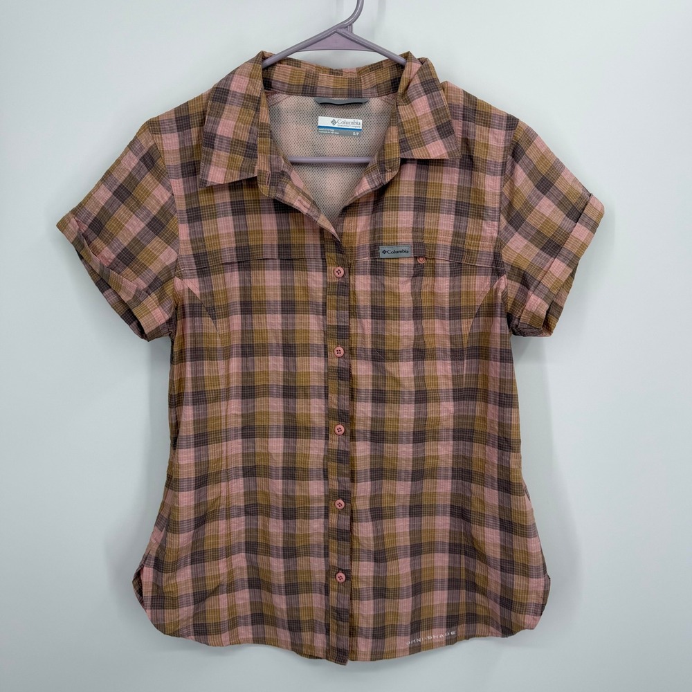 Columbia Button Up Shirt Womens Small Pink Brown‎ Plaid Omni-Shade Short Sleeve